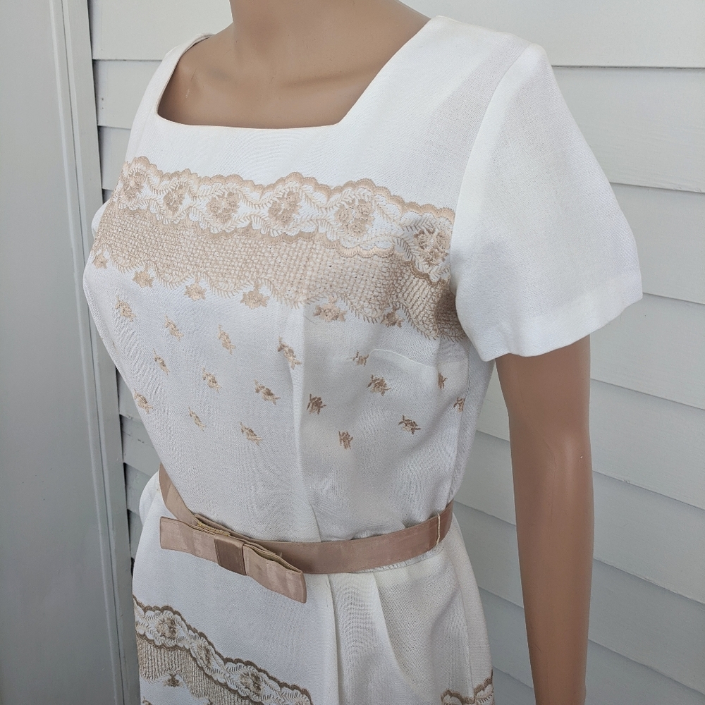 50s White Embroidered Dress Spring M L 38 30